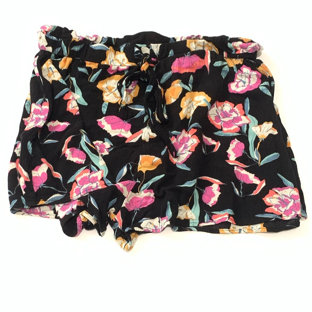 Pull&Bear Black Floral High-Waist Shorts with Pink and Yellow Flowers